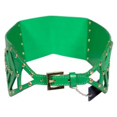 Used Roberto Cavalli Green Leather Studded Leaf Wide Belt