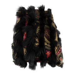 Used Etro Black Sheer Floral Print Fur Trim Scarf