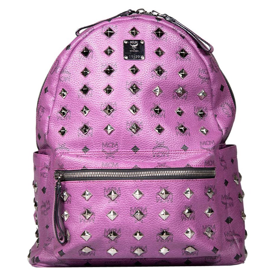 MCM Purple Leather Visetos Stark Studded Backpack For Sale