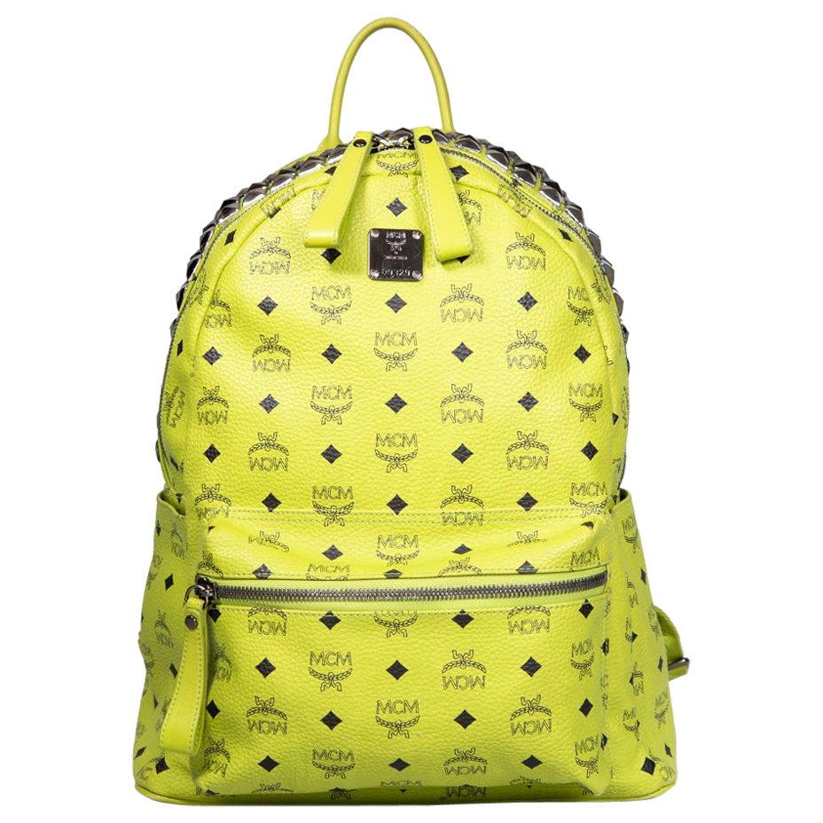 MCM Green Leather Stark Visetos Studded Backpack For Sale