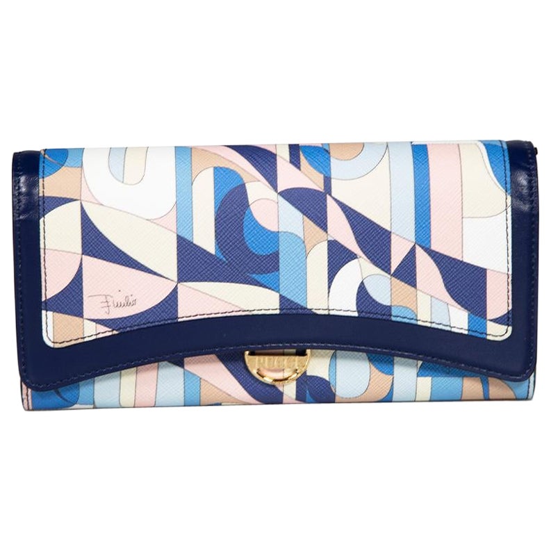 Emilio Pucci Blue Leather Abstract Pattern Long Wallet For Sale