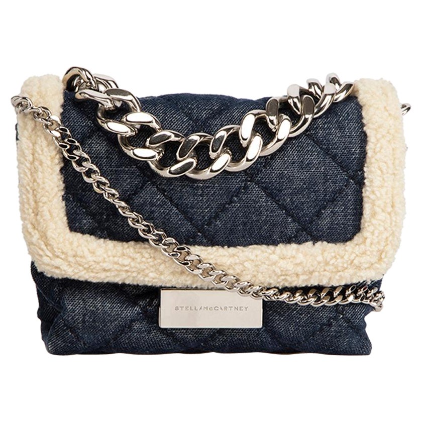 Stella McCartney Navy Small Soft Beckett Quilted Denim with Faux Shearling Bag For Sale