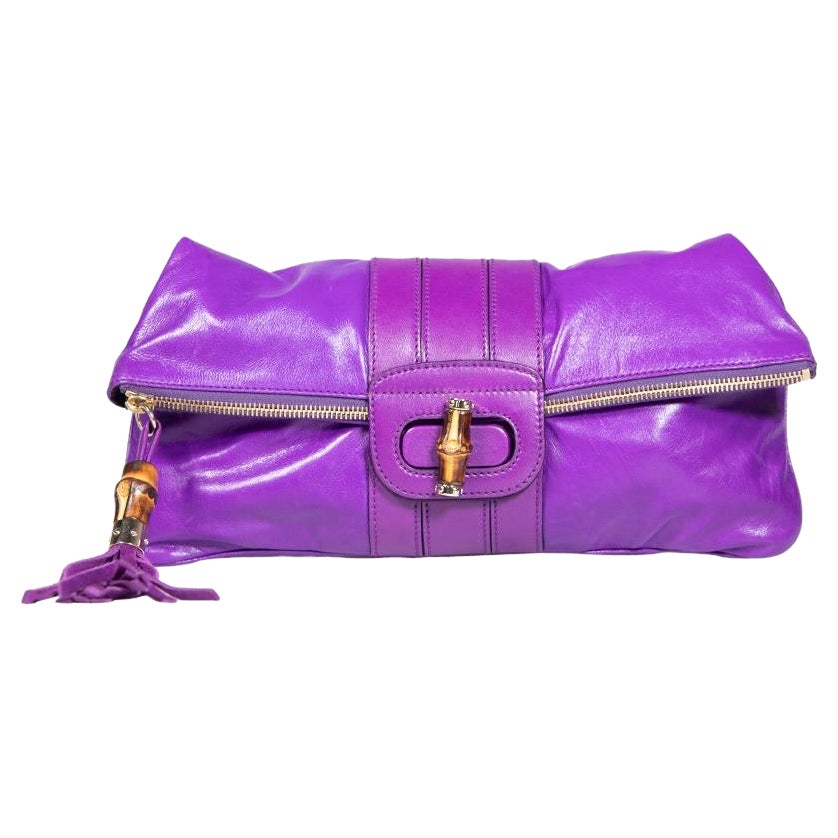 Gucci Purple Leather Bamboo Turnlock Lucy Clutch For Sale