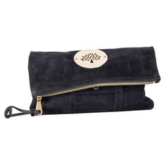Used Mulberry Navy Suede Daria Croc Embossed Clutch