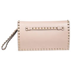 Used Valentino Beige Leather Rockstud Clutch