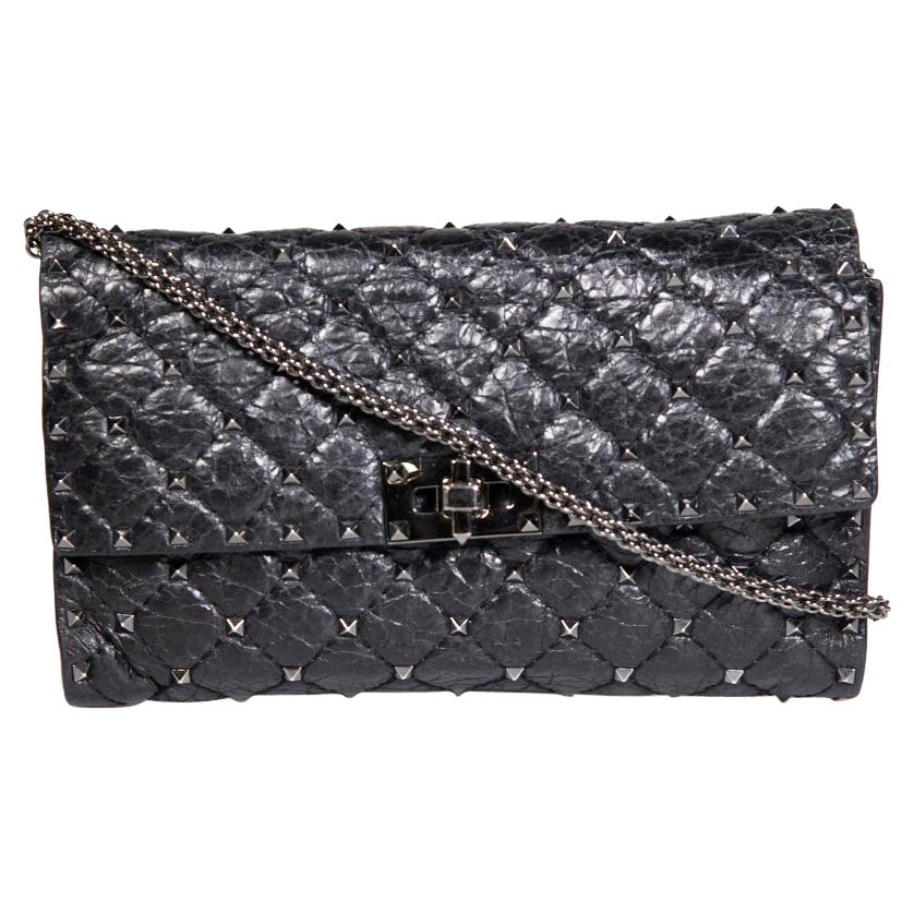 Valentino Black Leather Nappa Rockstud Spike Wallet on Chain For Sale