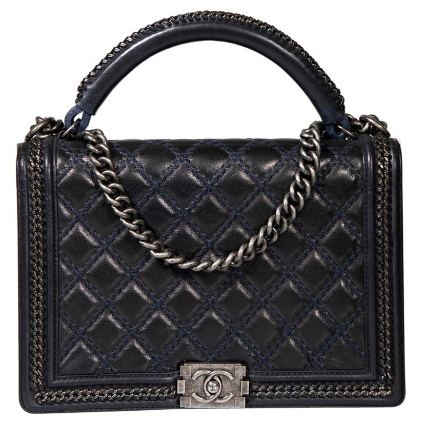 Chanel 2015-2016 Black Calfskin Quilted Chain Handle Large Boy Bag For Sale