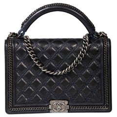 Used Chanel 2015-2016 Black Calfskin Quilted Chain Handle Large Boy Bag