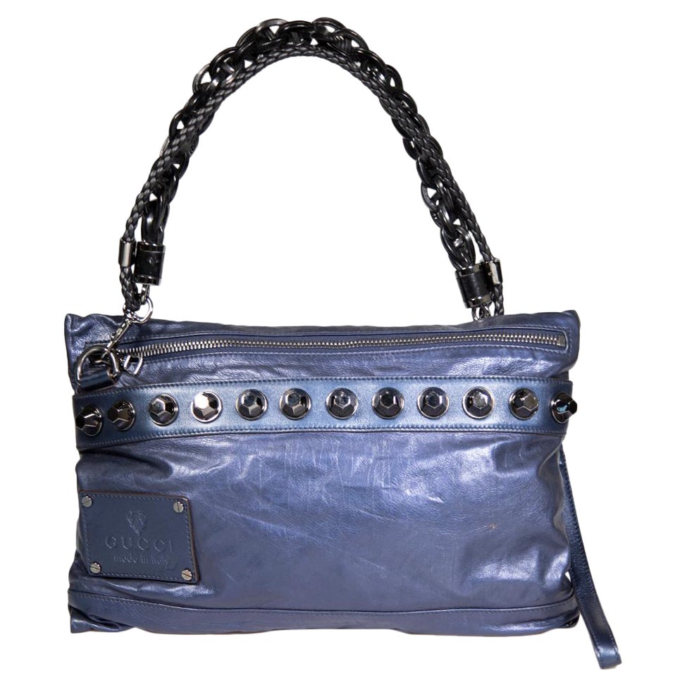 Gucci Blue Metallic Leather Studded Shoulder Bag For Sale