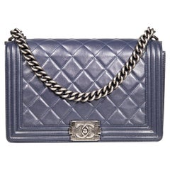 Chanel 2014 Navy Lambskin New Medium Ruthenium Hardware Boy Bag