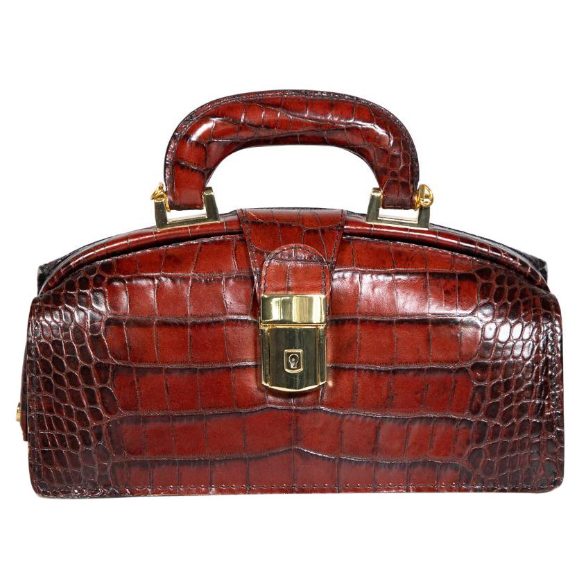 Pratesi Brown Croc Embossed Leather Top-Handle Bag