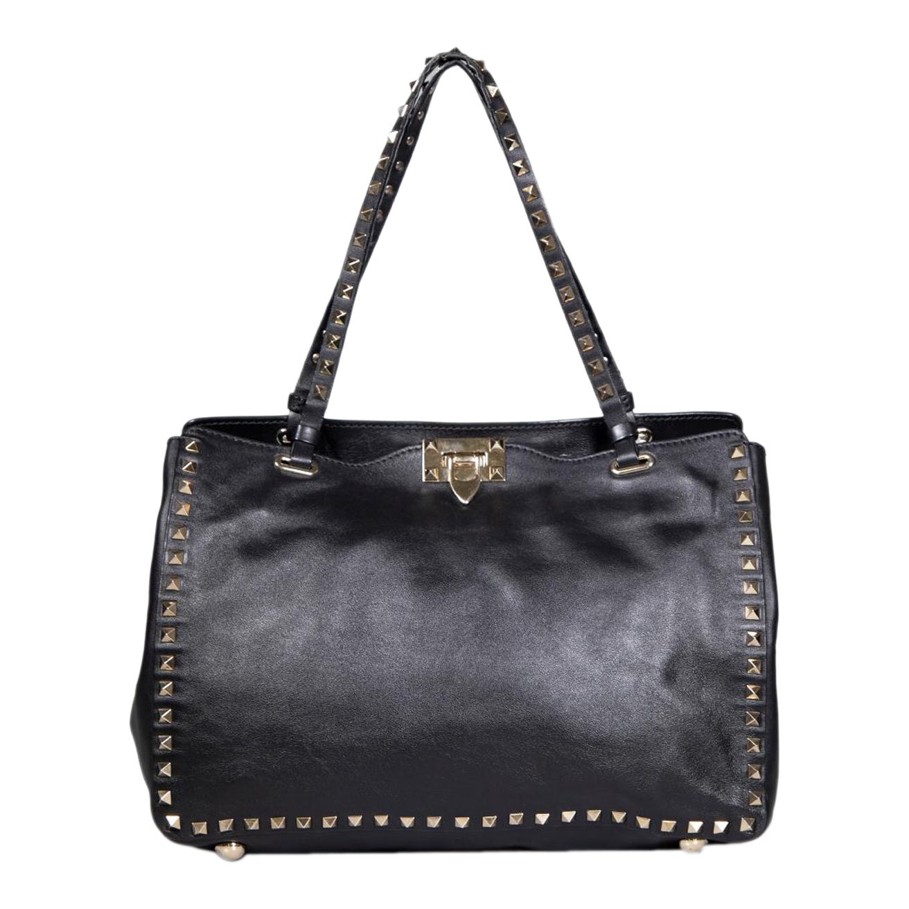 Valentino Black Leather Medium Rockstud Tote Bag For Sale