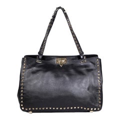 Used Valentino Black Leather Medium Rockstud Tote Bag