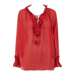 Used Roberto Cavalli Red Ruffle Dotted Blouse Size S