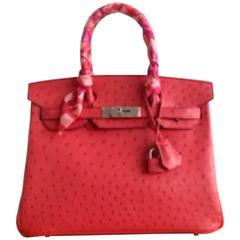 Used Hermes 30 cm Birkin Bag in Bouganvillier color Ostrich Leather
