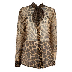 Saint Laurent Brown Silk Leopard Pattern Blouse Size XL