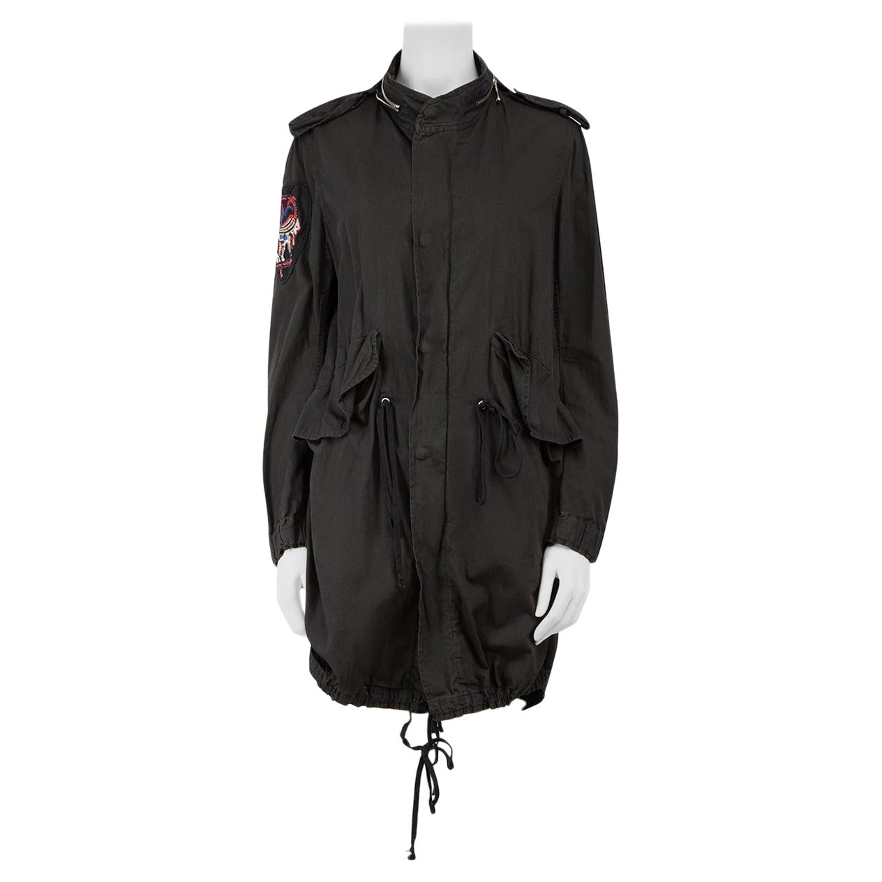 Balmain Black Embroidered Patch Parka Jacket Size M For Sale