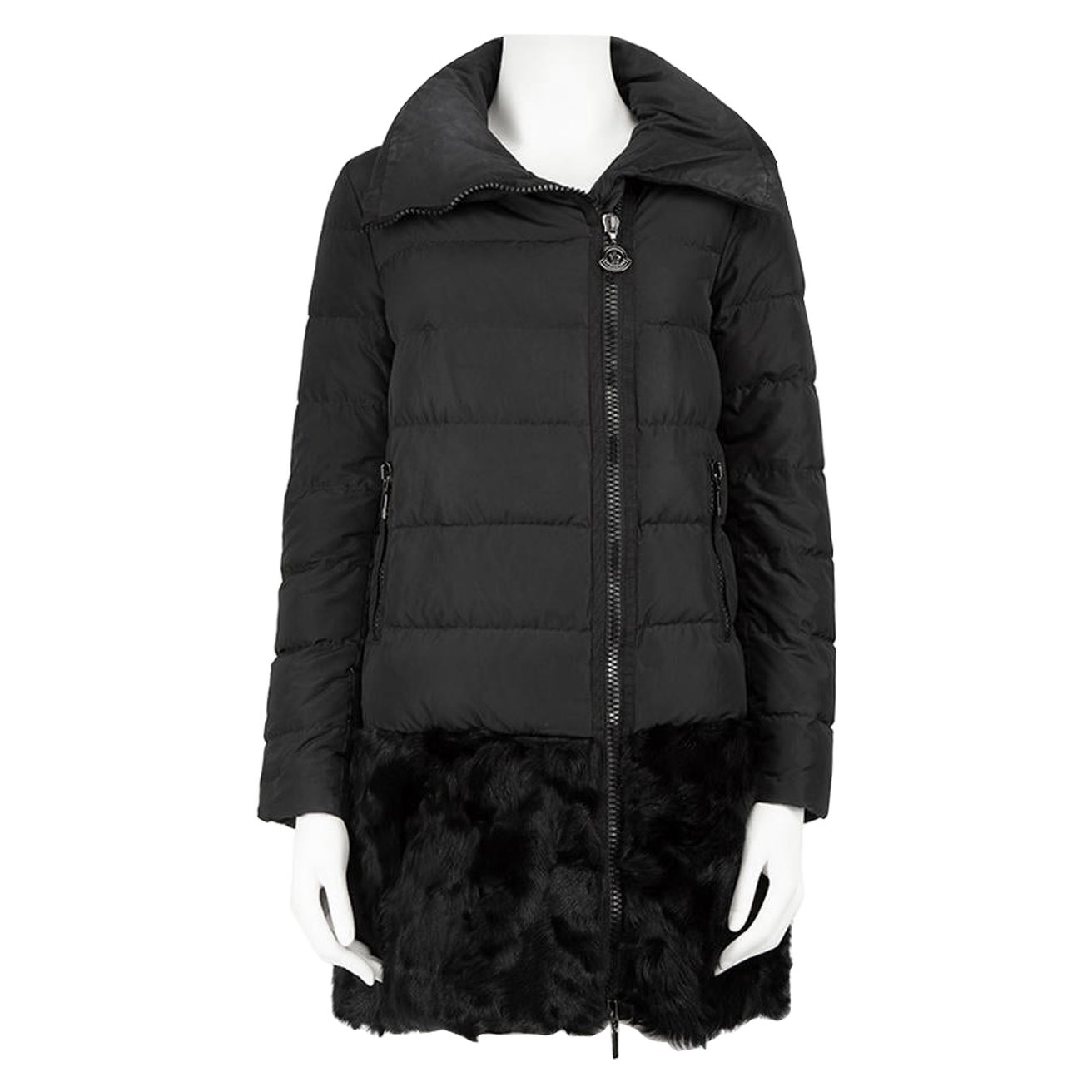 Moncler Black Long Line Fur Hem Puffer Coat Size XS For Sale