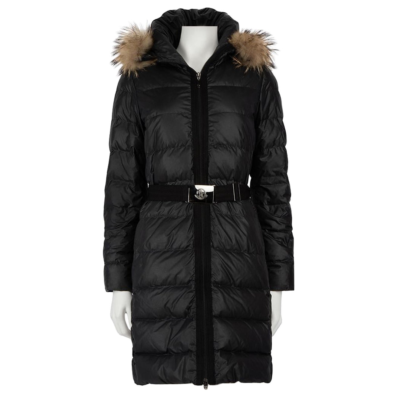Moncler Black Fur Trim Belted Puffer Coat Size XS For Sale