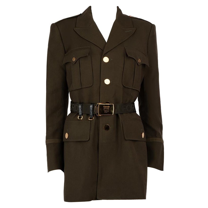 Tom Ford Khaki Wool Belted Military Style Coat Size M For Sale