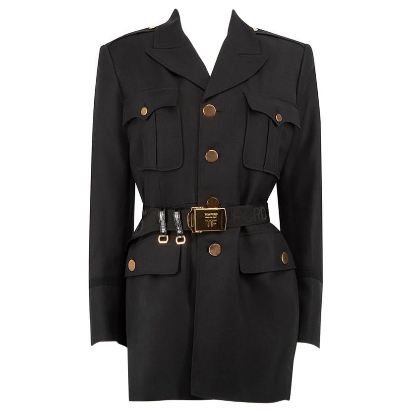 Tom Ford Black Wool Belted Military Style Coat Size M For Sale