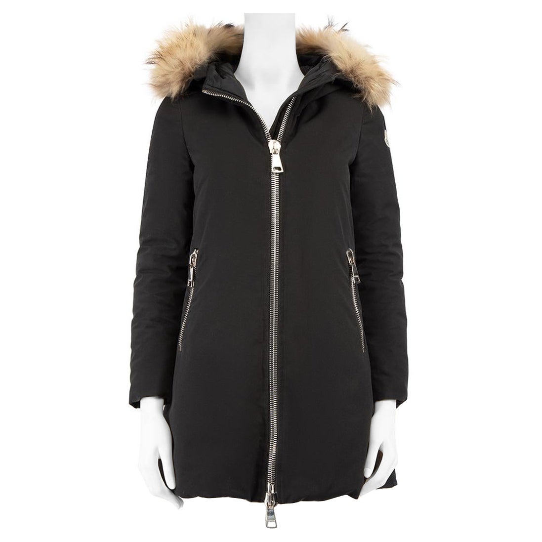 Moncler Black Padded Fur Trim Parka Coat Size S For Sale
