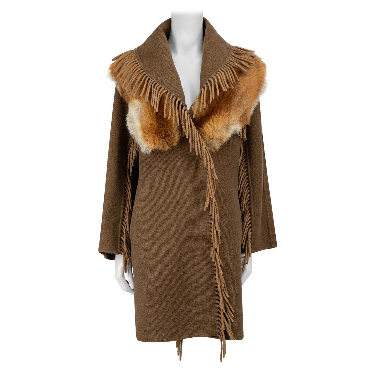 Ermanno Scervino Brown Wool Fur Collar Fringe Coat Size XL For Sale