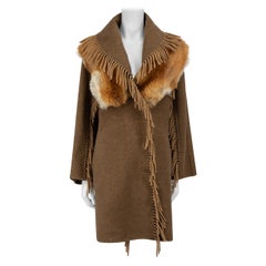 Used Ermanno Scervino Brown Wool Fur Collar Fringe Coat Size XL