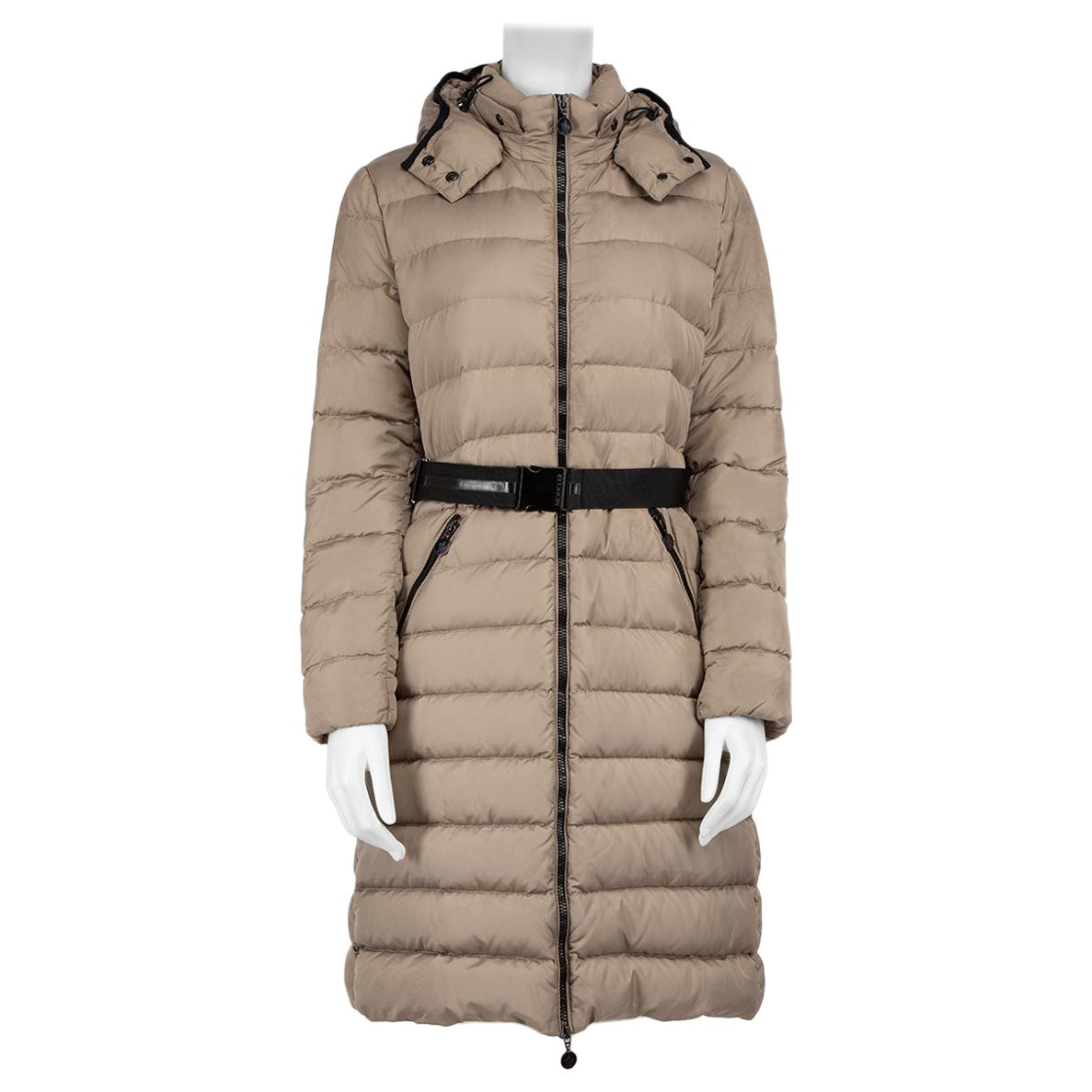 Moncler Taupe Belted Puffer Quilted Coat Size S For Sale