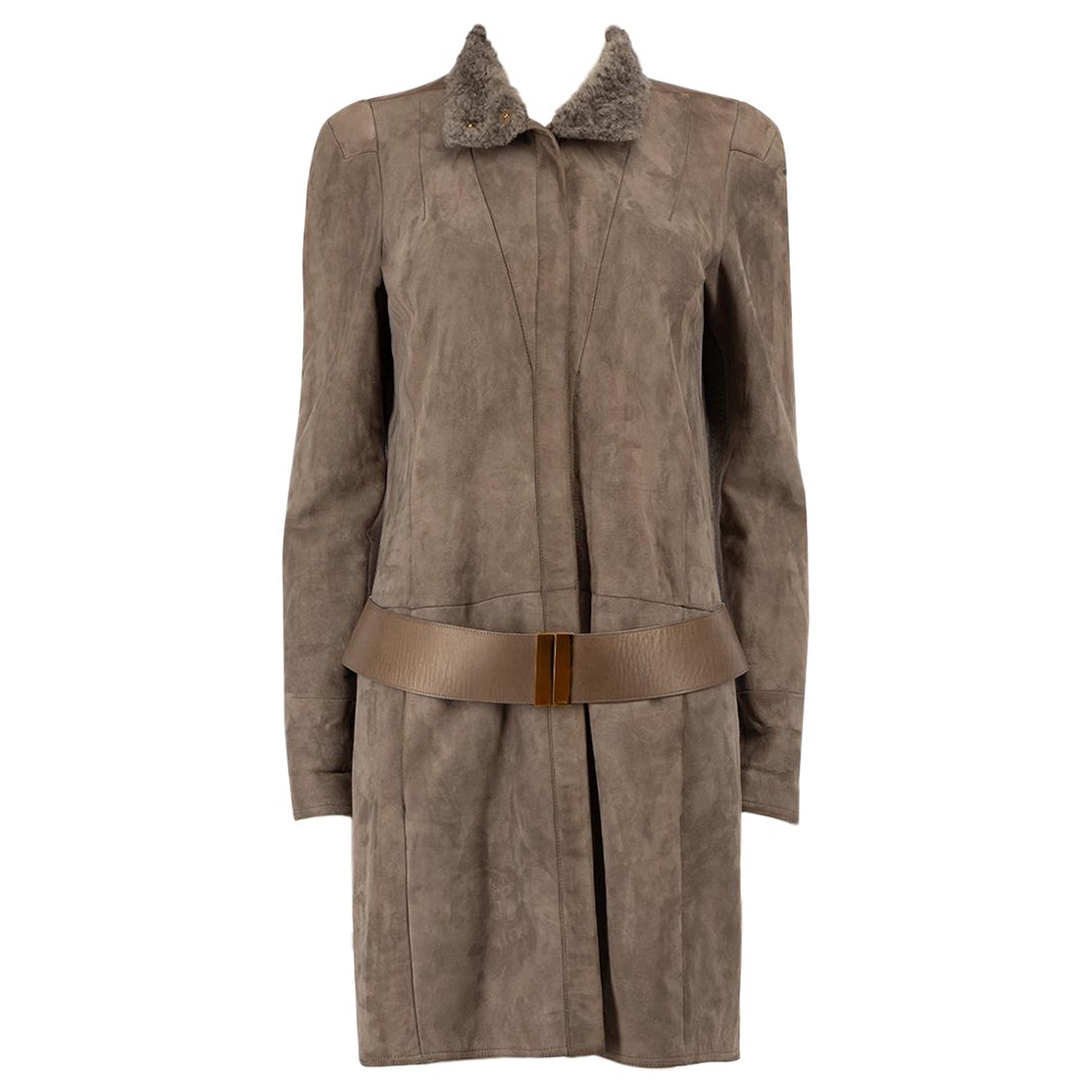 Gucci Brown Suede Belted Shearling Lined Coat Size M For Sale
