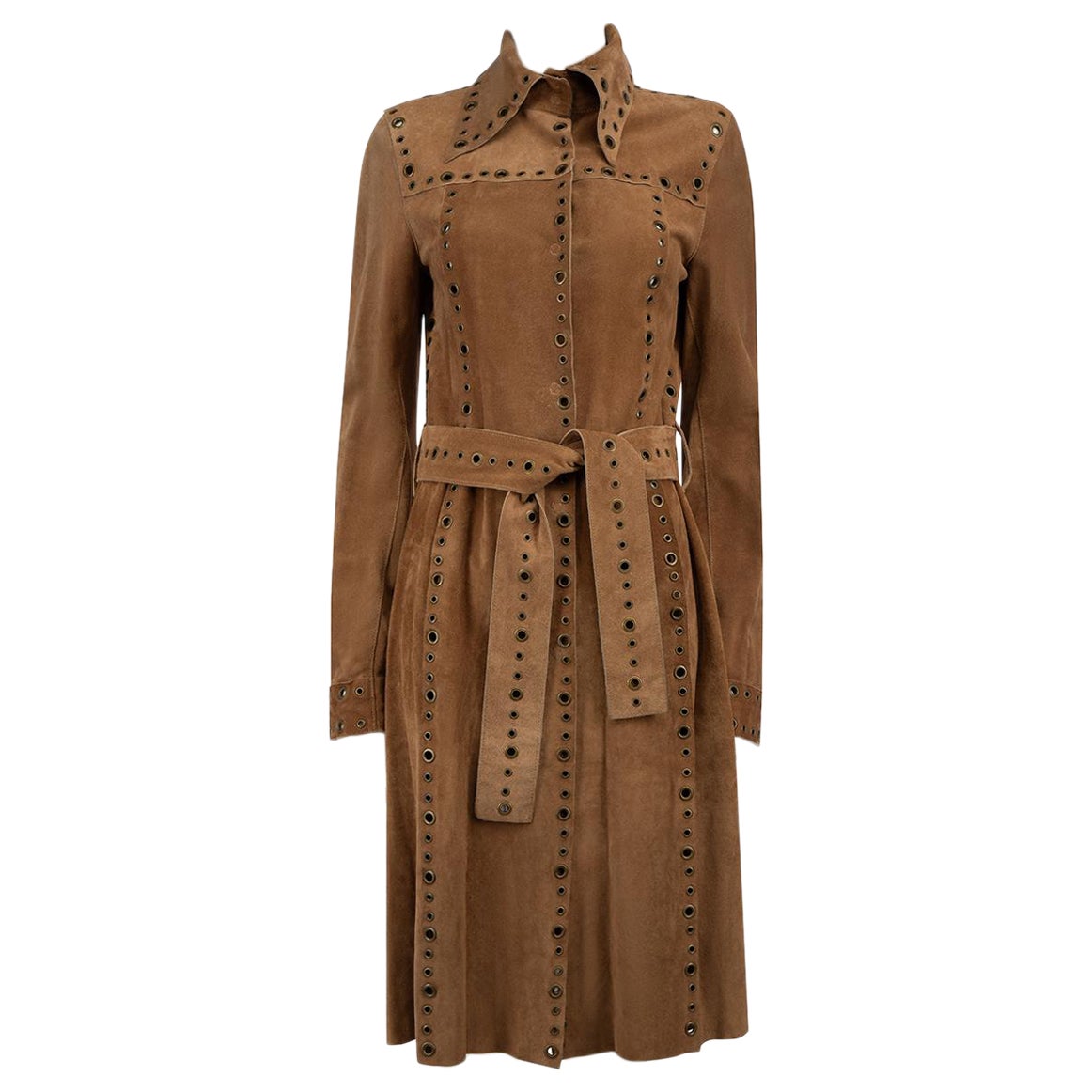 Dolce & Gabbana Brown Suede Eyelet Belted Coat Size S For Sale