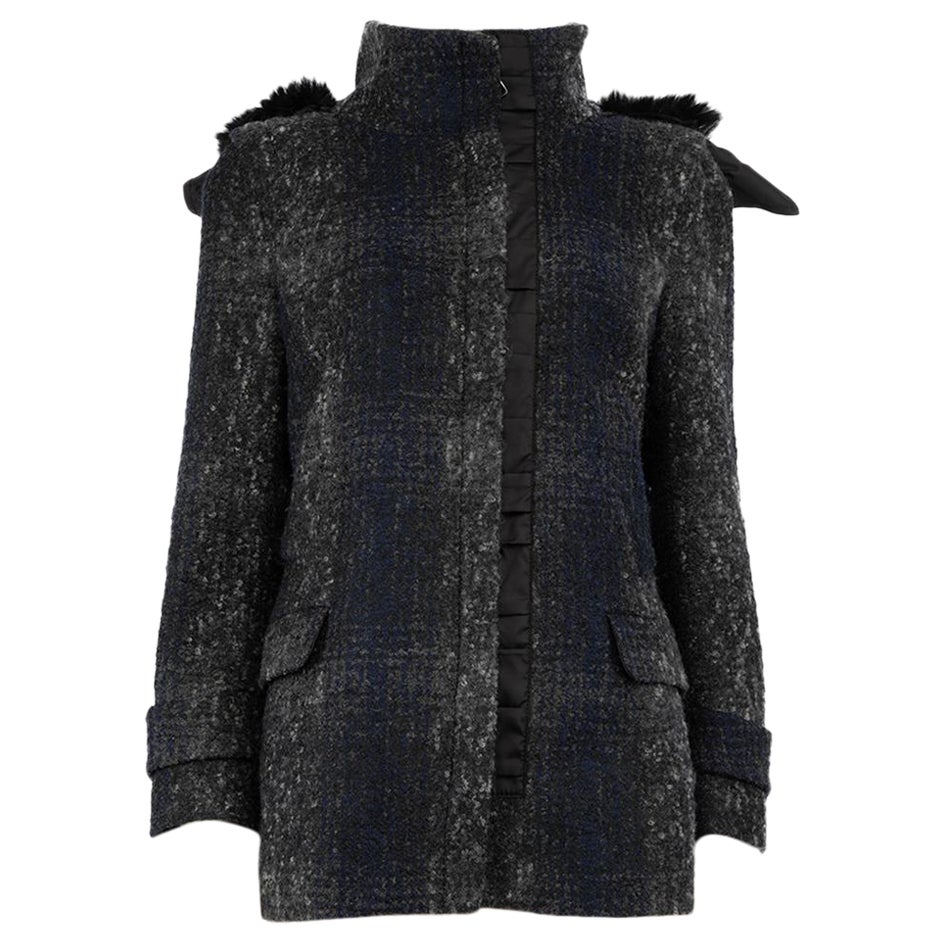 Prada Navy Fur Trimmed Hood Zip Coat Size L For Sale