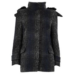 Used Prada Navy Fur Trimmed Hood Zip Coat Size L