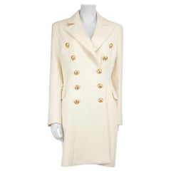 Balmain Cream Wool Double Breasted Mid Length Coat Size XL