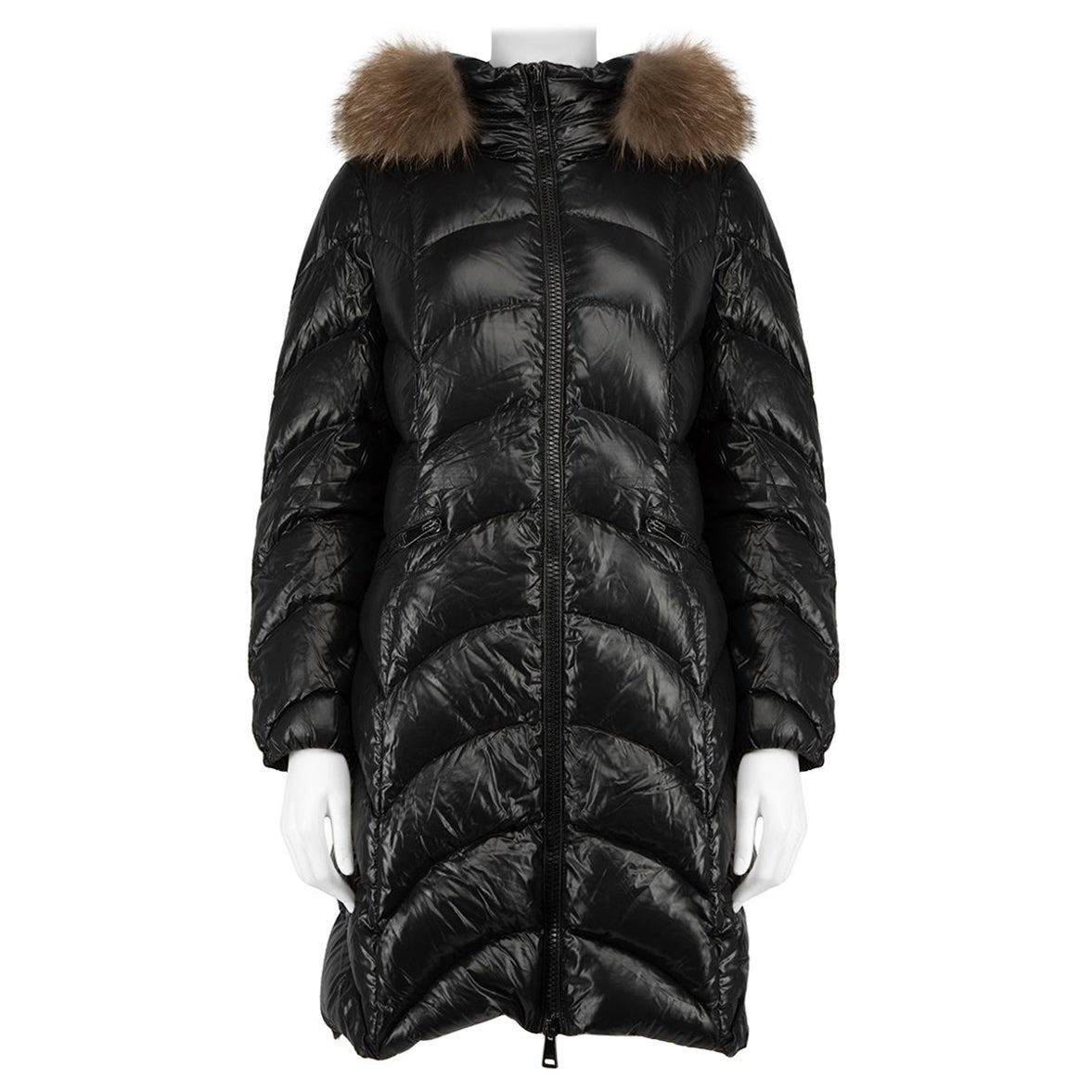 Moncler Black Fur Trim Hood Puffer Coat Size M For Sale