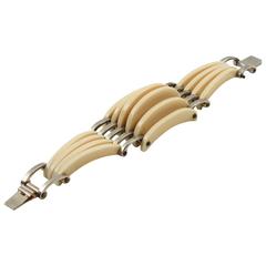 Sculptural French Art Deco White Galalith & Chrome Carved Grill Bracelet
