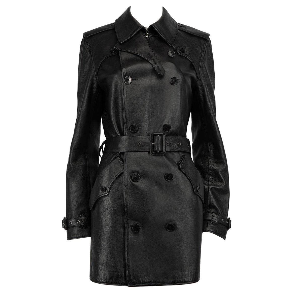 Saint Laurent Black Leather Belted Trench Coat Size L