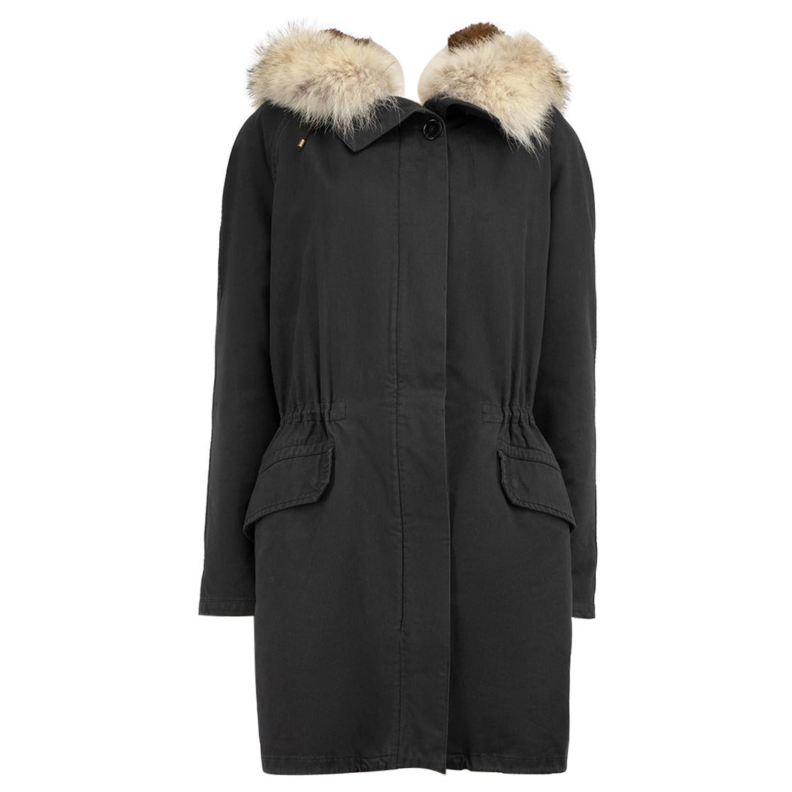 Yves Salomon Black Rabbit Fur Lined Parka Coat Size M For Sale