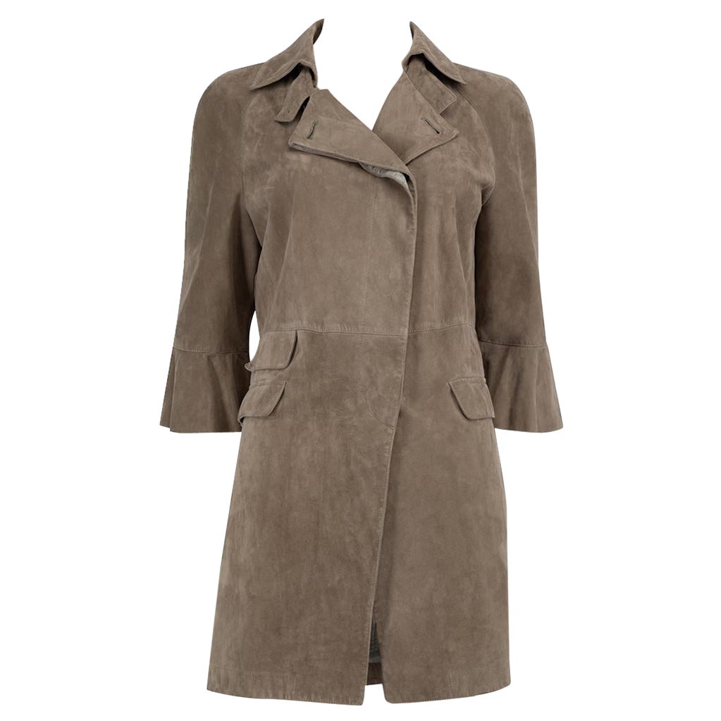 Brunello Cucinelli Grey Suede Mid-Length Coat Size M For Sale