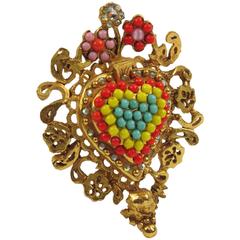 Christian Lacroix Paris Signed Retro Jewelled Baroque Heart Pin Brooch