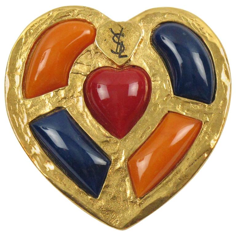 Yves Saint Laurent YSL Paris Signed Pin Brooch Gilt Heart with Resin
