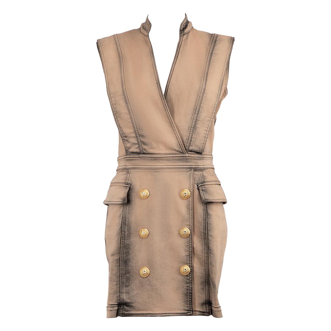 Balmain Pink Stone Washed Denim Button Dress Size L en vente