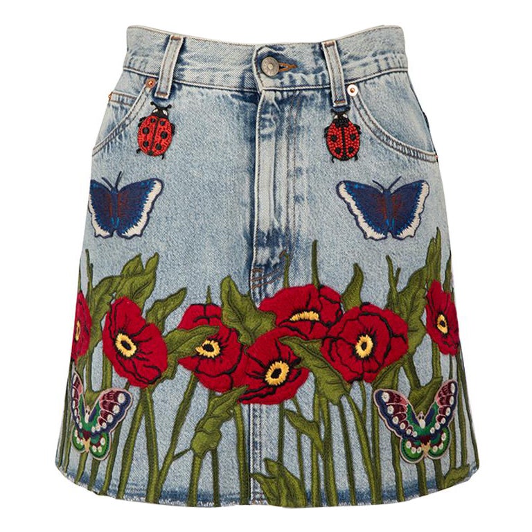 Gucci Blue Denim Embroidered Mini Skirt Size XS For Sale