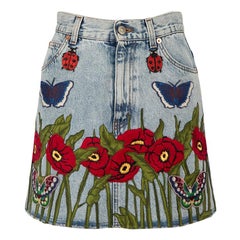 Used Gucci Blue Denim Embroidered Mini Skirt Size XS