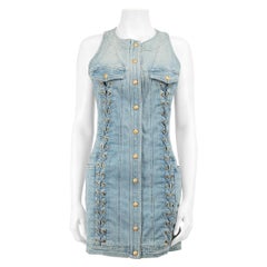 Balmain Blue Buttoned Lace Up Denim Mini Dress Size L