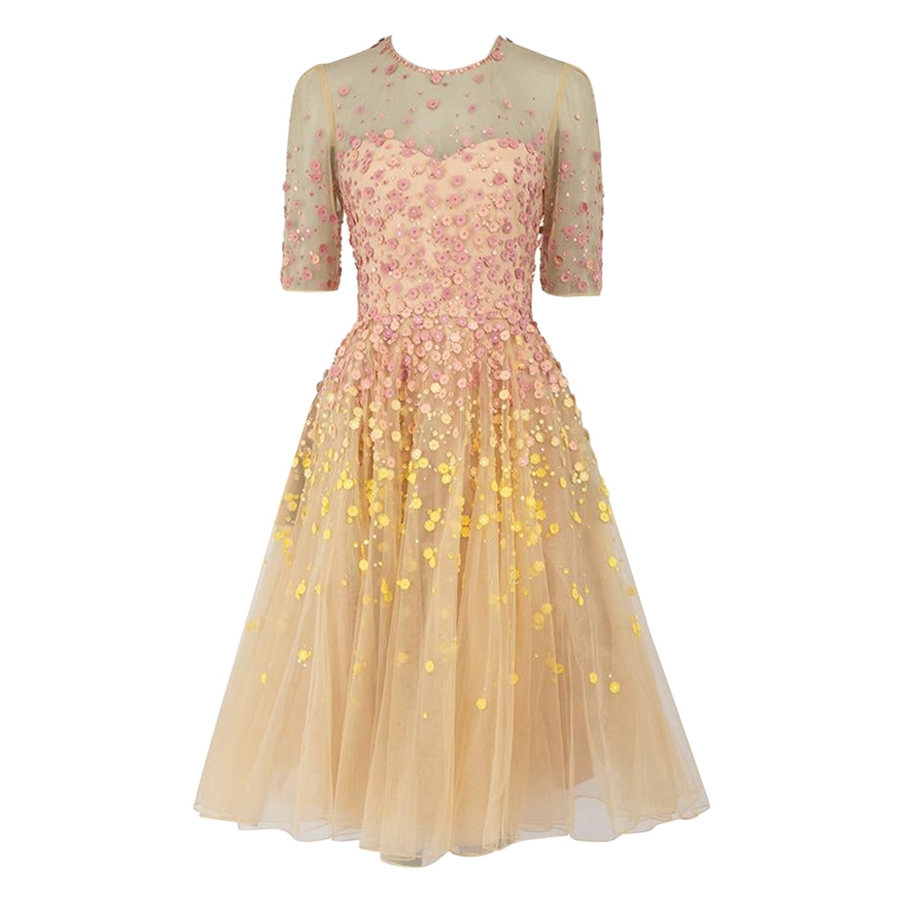 Jenny Packham Beige Floral Embroidered Mesh Midi Dress Size S
