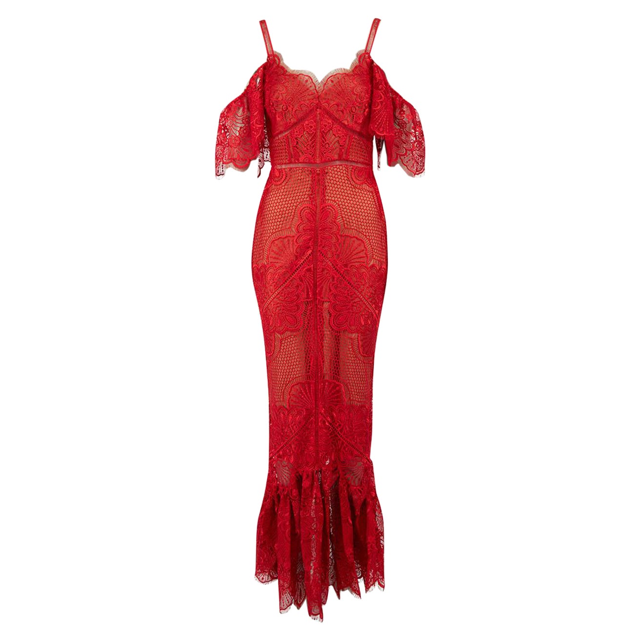 Marchesa Notte Red Lace Scallop Trim Maxi Dress Size XS For Sale