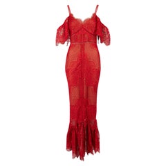 Used Marchesa Notte Red Lace Scallop Trim Maxi Dress Size XS