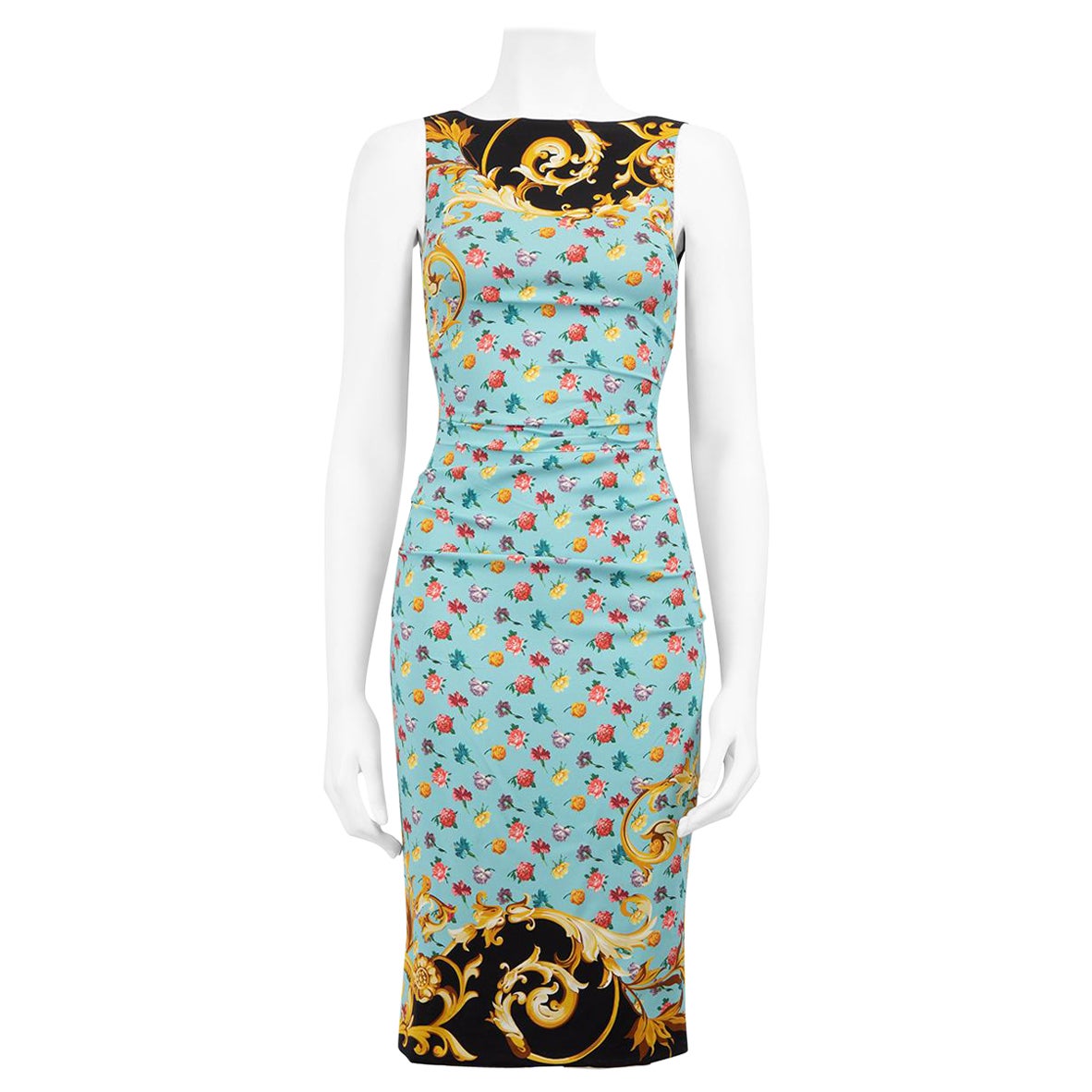 Dolce & Gabbana Blue Baroque Floral Print Dress Size XS For Sale
