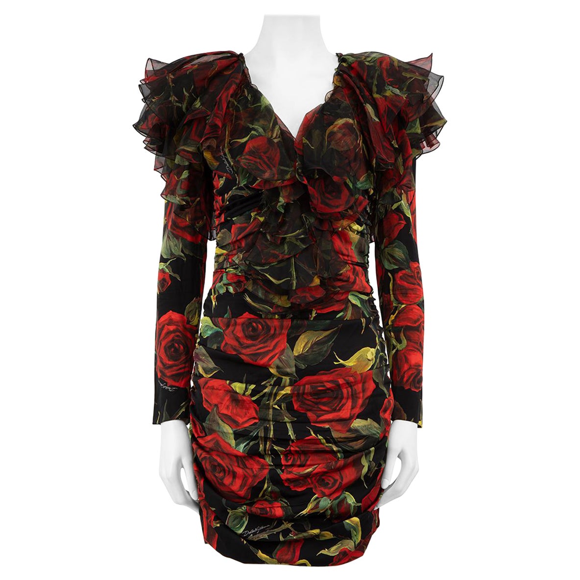Dolce & Gabbana Black Silk Rose Print Ruched Dress Size S